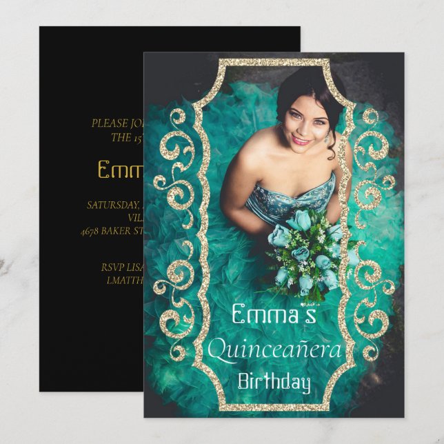 Elegant Photo Black Gold Quinceañera Birthday  (Front/Back)
