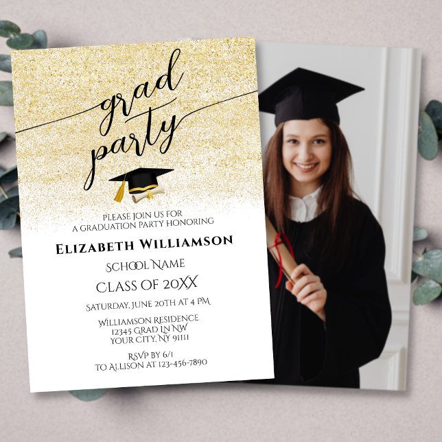 Elegant Photo Black Gold Script Graduation Party Invitation (Creator Uploaded)