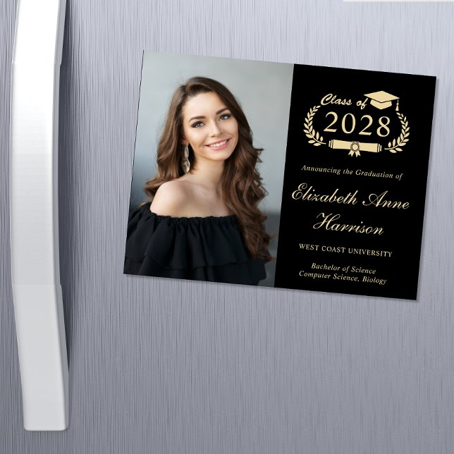 Elegant Photo Black Graduation Announcement Magnet (Share the pride and excitement of your graduate's achievement with friends and family near and far)