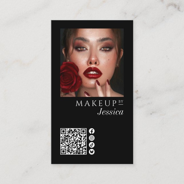 Elegant Photo Black QR Code Social Icons Makeup Business Card (Front)
