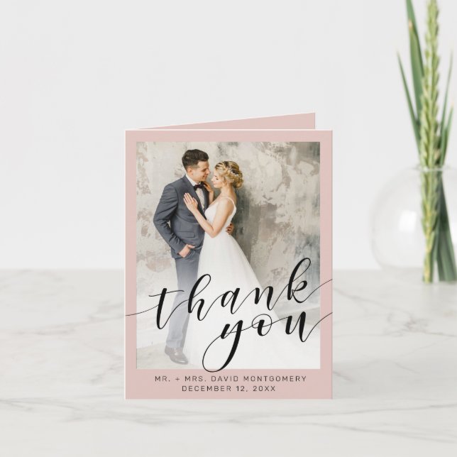 Elegant Photo Black Script Blush Wedding Thank You Card (Front)