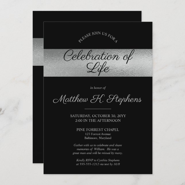 Elegant Photo Black  | Silver Celebration of Life Invitation (Front/Back)