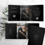 Elegant photo black wedding RSVP details QR code  Tri-Fold Invitation<br><div class="desc">Modern simple minimal typography trendy black all in one budget wedding invitation template with 2 photos, rsvp and details with scanning QR codes featuring a chic trendy calligraphy script and dark overlay. Easy to personalise with one or two custom photos (you can upload the same photo on both sides) and...</div>