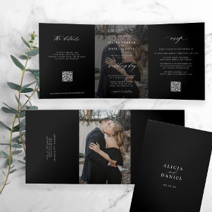 Elegant photo black wedding RSVP details QR code Tri-Fold Invitation
