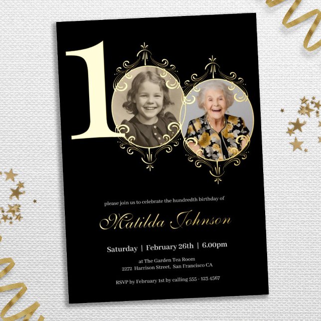 Elegant Photo Black White 100th Birthday (100th Birthday Black White Elegant Custom Photo Foil Invitation)