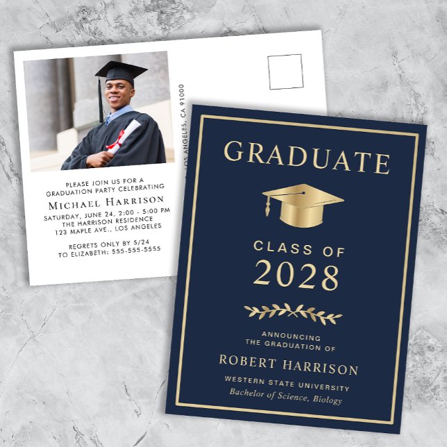 Elegant Photo Blue College Graduation Party Invitation Postcard (Creator Uploaded)