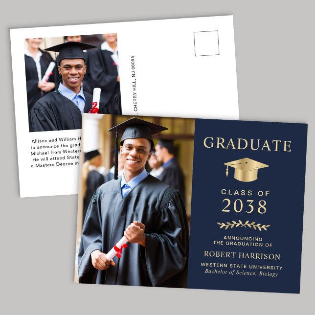 Elegant Photo Blue Gold College Graduation Announcement Postcard (An elegant college graduation announcement to celebrate the graduate's achievements)