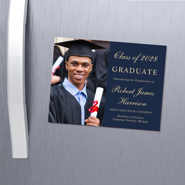 Elegant Photo Blue Gold College Graduation Magnetic Invitation (Creator Uploaded)