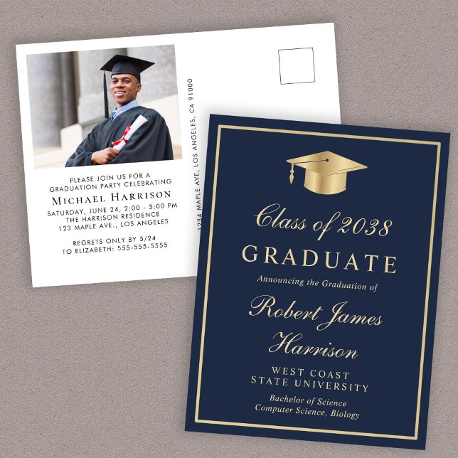 Elegant Photo Blue Gold College Graduation Party Invitation Postcard (An elegant college graduation party invitation to celebrate the graduate's achievements)