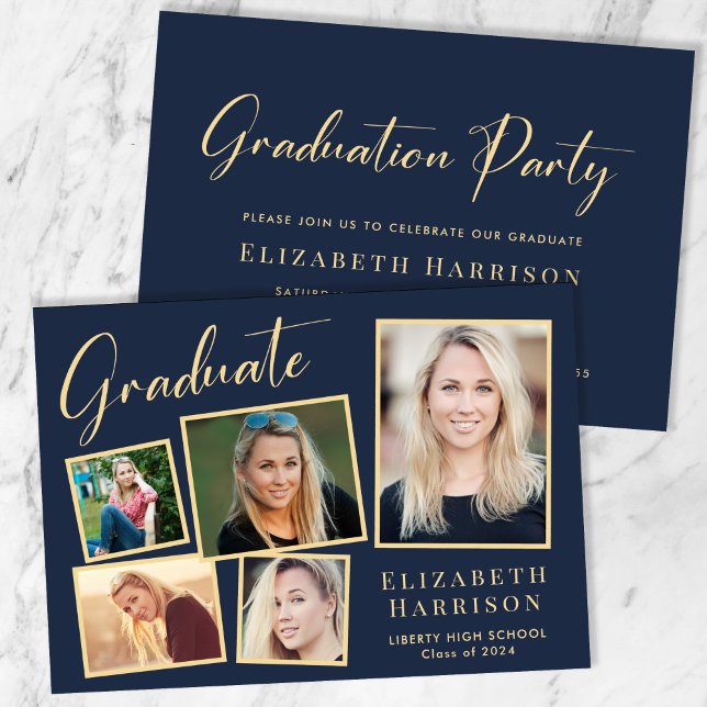 Elegant Photo Blue Gold Graduation Party Invitation (Our user-friendly template makes it a breeze to upload your photos and personalize your invitation)