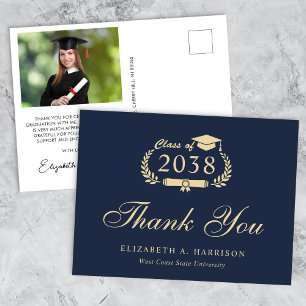Elegant Photo Blue Gold Graduation Thank You Postcard