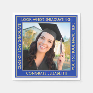 Elegant Photo Blue & Gold Modern Graduation Party Napkin