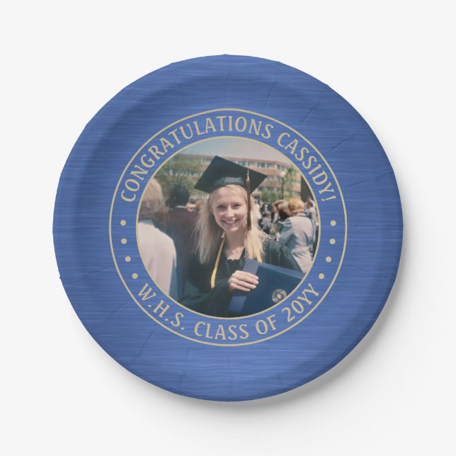 Elegant Photo Blue & Gold Modern Graduation Party Paper Plate (Front)