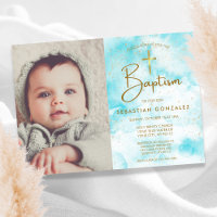 Elegant Photo Blue Watercolor Gold Cross Baptism