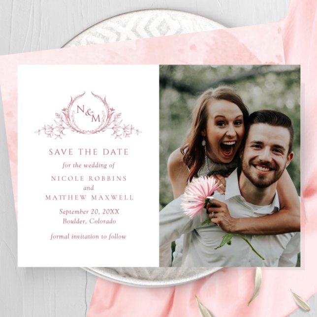 Elegant Photo Blush Pink Monogram Wedding Save The Date (Creator Uploaded)