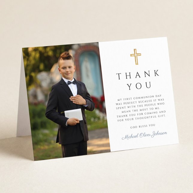 Elegant Photo Boy First Communion Folded Thank You Card (Elegant Photo Boy First Communion Folded Thank You Card)