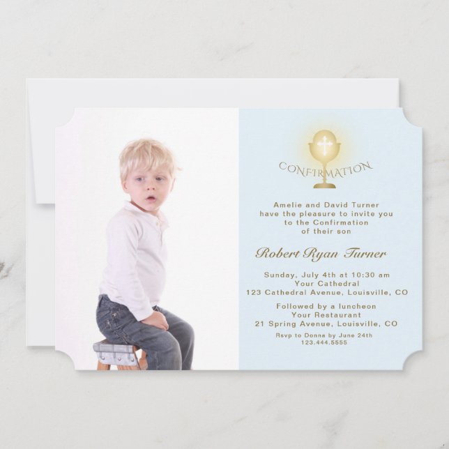 Elegant Photo Boy Gold Chalice Confirmation Invitation (Front)