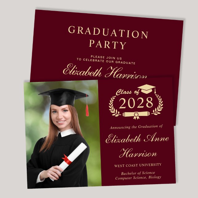 Elegant Photo Burgundy College Graduation Party Invitation (An elegant college graduation party invitation to celebrate the graduate's achievements)
