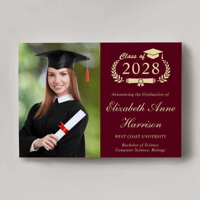 Elegant Photo Burgundy Gold College Graduation Announcement (An elegant college graduation announcement to celebrate the graduate's achievements)