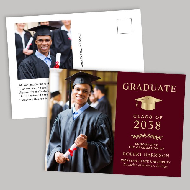 Elegant Photo Burgundy Gold College Graduation Announcement Postcard (An elegant college graduation announcement to celebrate the graduate's achievements)