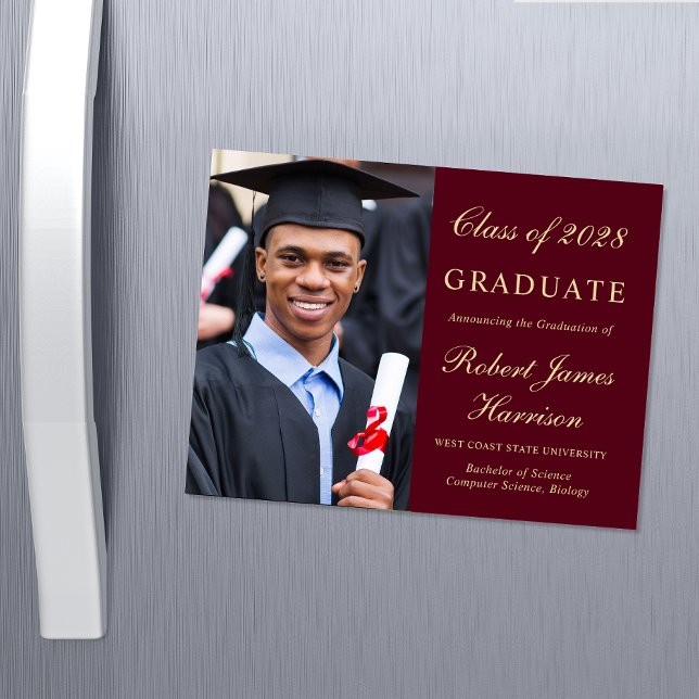 Elegant Photo Burgundy Gold College Graduation Magnetic Invitation (Creator Uploaded)