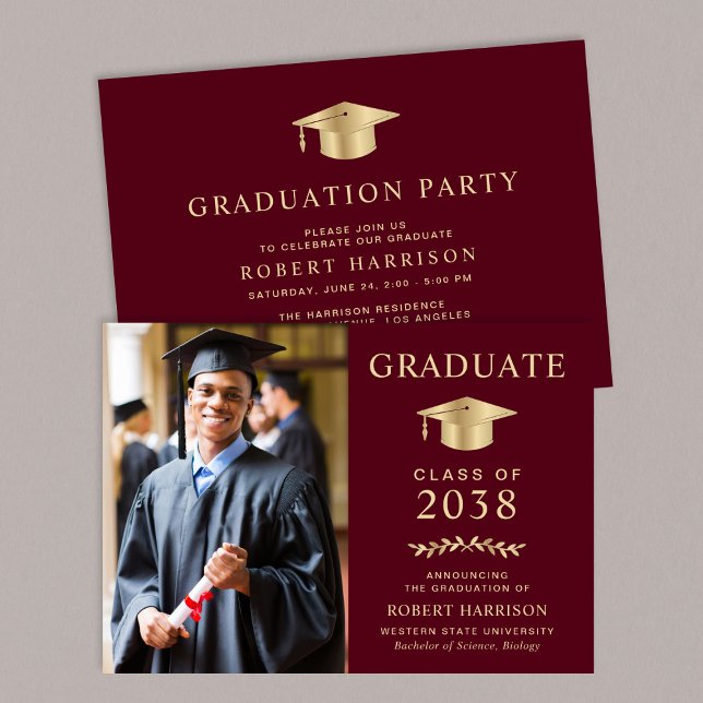 Elegant Photo Burgundy Gold Graduation Party Invitation (An elegant college graduation party invitation to celebrate the graduate's achievements)