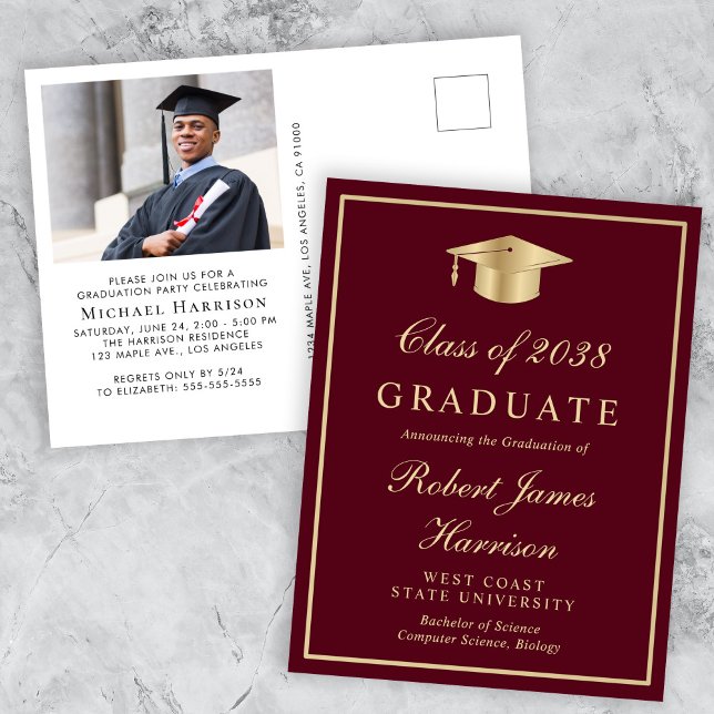 Elegant Photo Burgundy Gold Graduation Party Invitation Postcard (An elegant college graduation party invitation to celebrate the graduate's achievements)