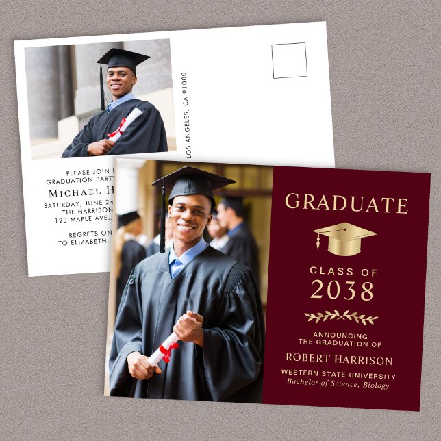 Elegant Photo Burgundy Gold Graduation Party Invitation Postcard (An elegant college graduation party invitation postcard to celebrate the graduate's achievements)