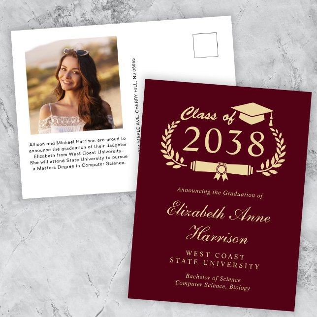 Elegant Photo Burgundy Gold Graduation Postcard (An elegant college graduation announcement to celebrate the graduate's achievements)