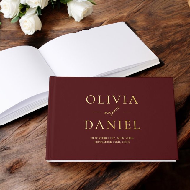 Elegant Photo Burgundy Gold Modern Minimalist Guest Book (Creator Uploaded)