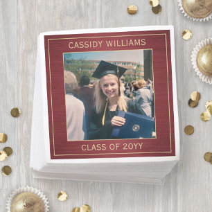 Elegant Photo Burgundy Red Gold Graduation Party Napkin