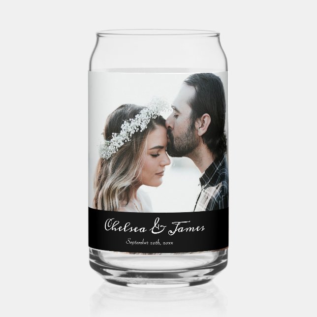 Elegant Photo Calligraphy Black Wedding Party  Can Glass (Front)