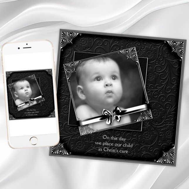 Elegant Photo Christening Invitation (Elegant black silver photo christening and baptism invitation. Add your own text and photo.)