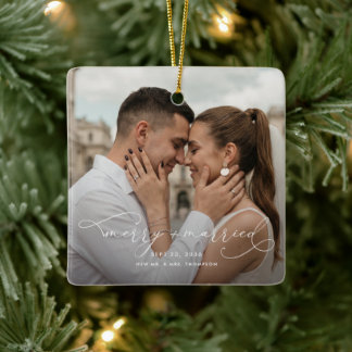 Elegant Photo Christmas Minimalist Merry & Married Ceramic Ornament