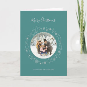 Elegant Photo Christmas Wreath Teal Holiday Card