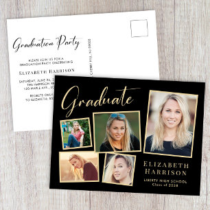 Elegant Photo Collage Black Gold Graduation Party Invitation Postcard