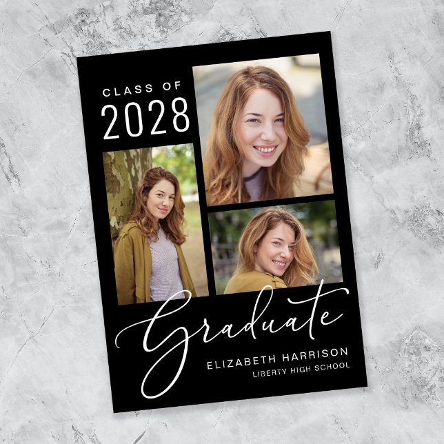 Elegant Photo Collage Black Graduation Announcement (An elegant photo collage graduation announcement to celebrate the graduate's achievements)
