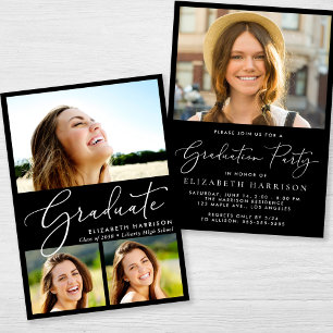 Elegant Photo Collage Black Graduation Party Invitation