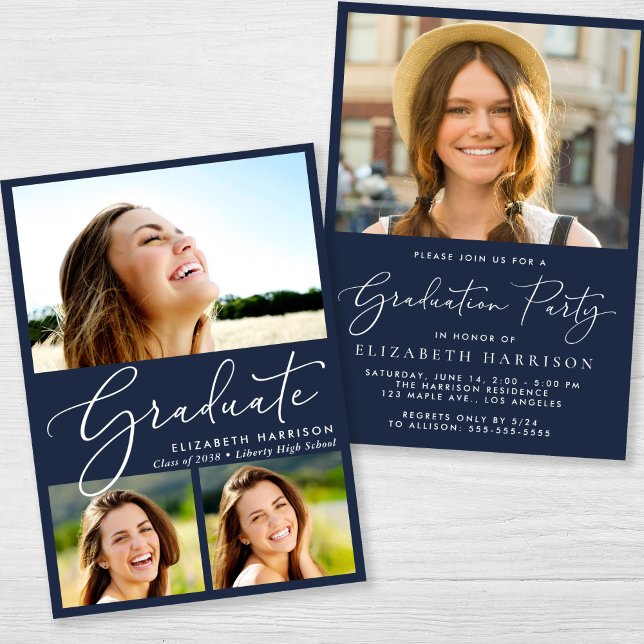 Elegant Photo Collage Blue Graduation Party Invitation (An elegant photo graduation party invitation to celebrate the graduate's achievements)