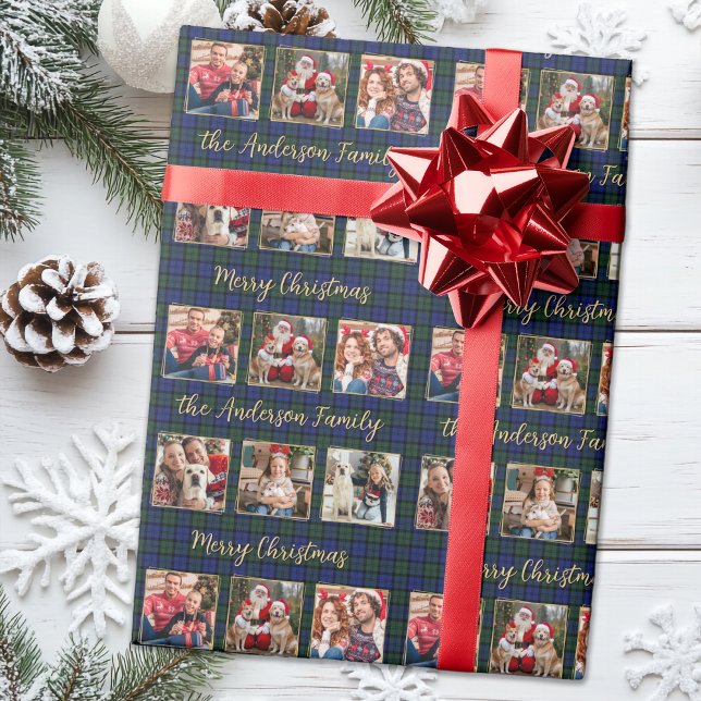Elegant Photo Collage Custom Merry Christmas Plaid Wrapping Paper (Creator Uploaded)