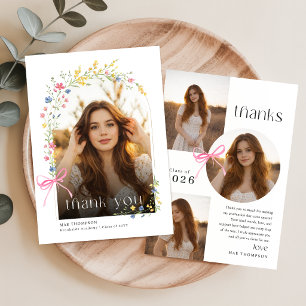 Elegant Photo Collage Floral Pink Bow Graduation Thank You Card