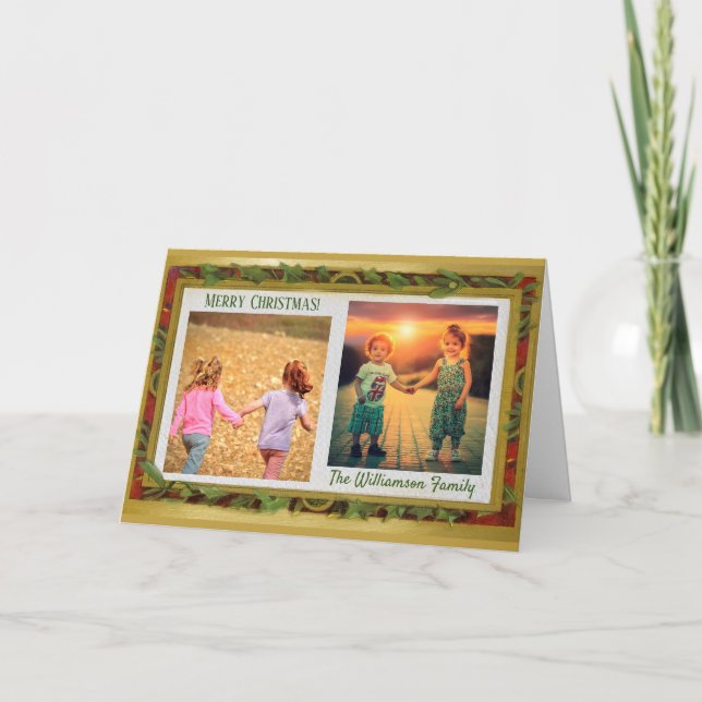 Elegant Photo Collage Gold Red Green Name Holiday Card (Front)