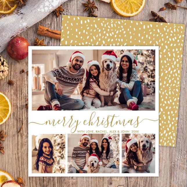 Elegant Photo Collage Gold Script Snowy Christmas Holiday Card (Creator Uploaded)