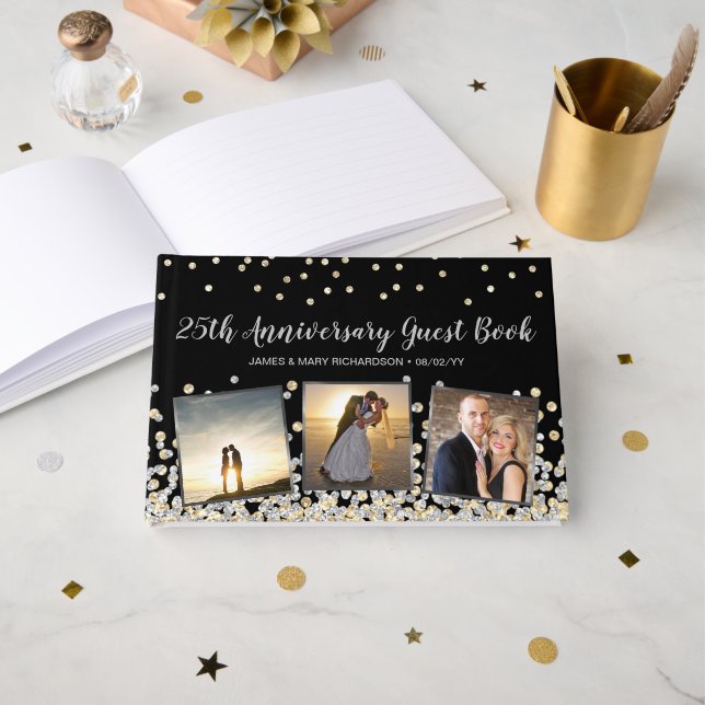 Elegant Photo Collage Gold Silver 25th Anniversary Guest Book (Front Open)