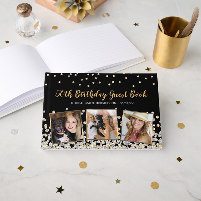 Elegant Photo Collage Gold Silver 50th Birthday Guest Book (Front Open)
