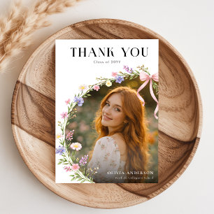 Elegant Photo Collage Pink Bow Floral Graduation Thank You Card