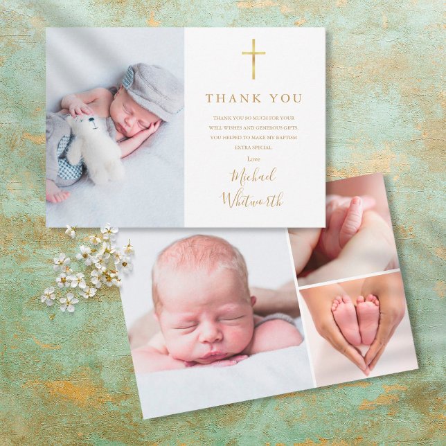 Elegant Photo Collage Signature Script Baptism Thank You Card (Creator Uploaded)