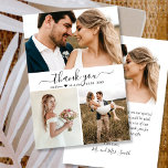 Elegant Photo Collage Wedding Thank You Card<br><div class="desc">Elegant, Modern Wedding "Thank You" Calligraphy 3 Photo Collage Card. Stylish wedding thank you card template featuring three (3) photo on the front and one (1) photo on the back. Featuring a "Thank You" text in a swirly hand lettering typography script swash tail font in black on white background. Personalise...</div>