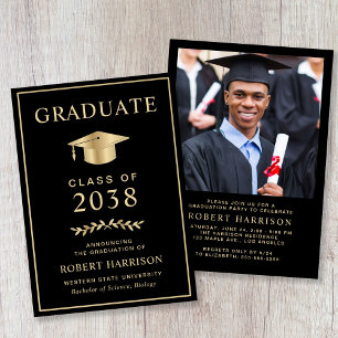 Elegant Photo College Black Gold Graduation Party Invitation