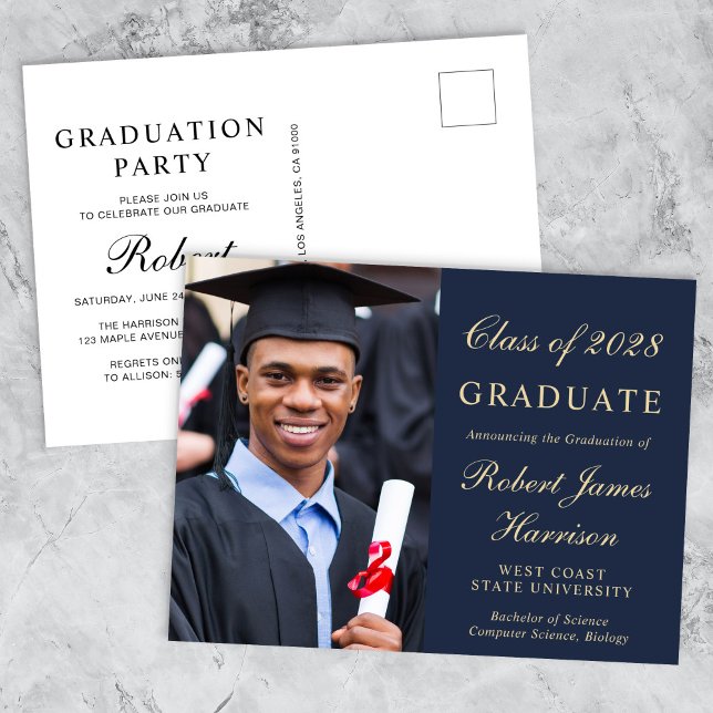 Elegant Photo College Blue Graduation Party Invitation Postcard (Creator Uploaded)